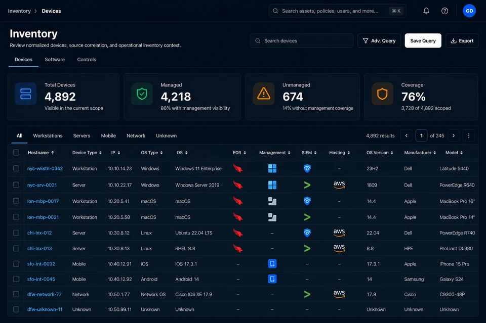 Illustrative GreyAware asset inventory showing device records, management and control sources, operating systems, and inventory summaries.