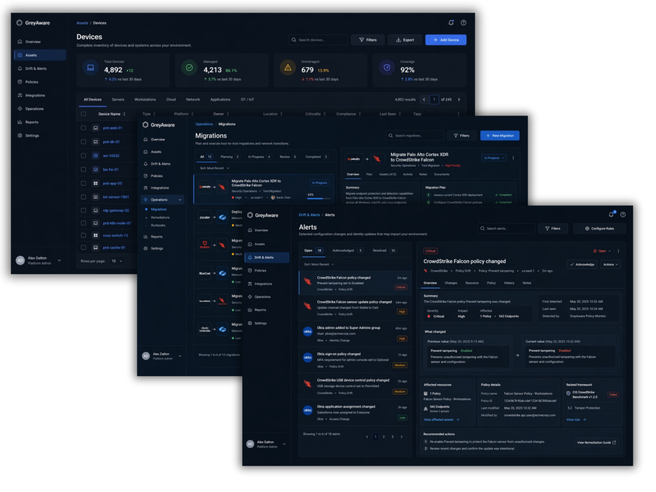 GreyAware console screens showing inventory, migration, and drift workflows.